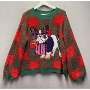 French Bulldog Women's M Ugly Christmas Sweater Holiday Time Dog Wearing Glasses